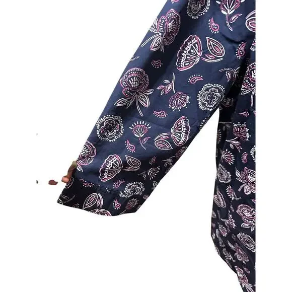 Woman Within Button Up Top L 18/20 Blue Floral 3/4 Sleeves Cotton Mature Casual - Picture 2 of 7